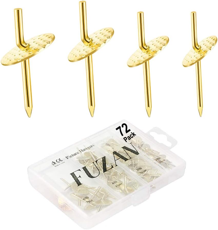 72 pcs Picture Hangers with 10-60lbs, 4 Different Size Picture Hangers, Iron Alloy Nail Hooks, Plaster Picture Hanging Kit on Wooden/Drywall Hanging Hardware for Clock, Mirror, Jewelry