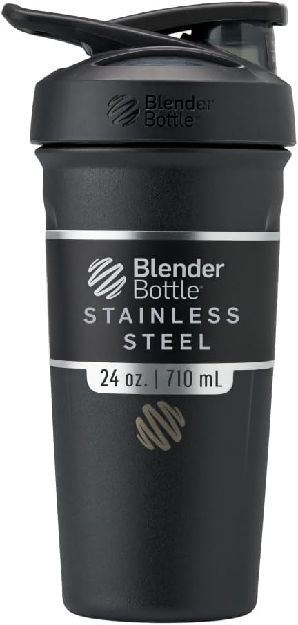BlenderBottle Sport Insulated Stainless Steel Shaker Bottle with Wire Whisk, 24-Ounce, Black – Protein Shakes & Hydration for Athletes & Fitness Enthusiasts, Easy Mixing, Keeps Drinks Cold, Lockable Lid