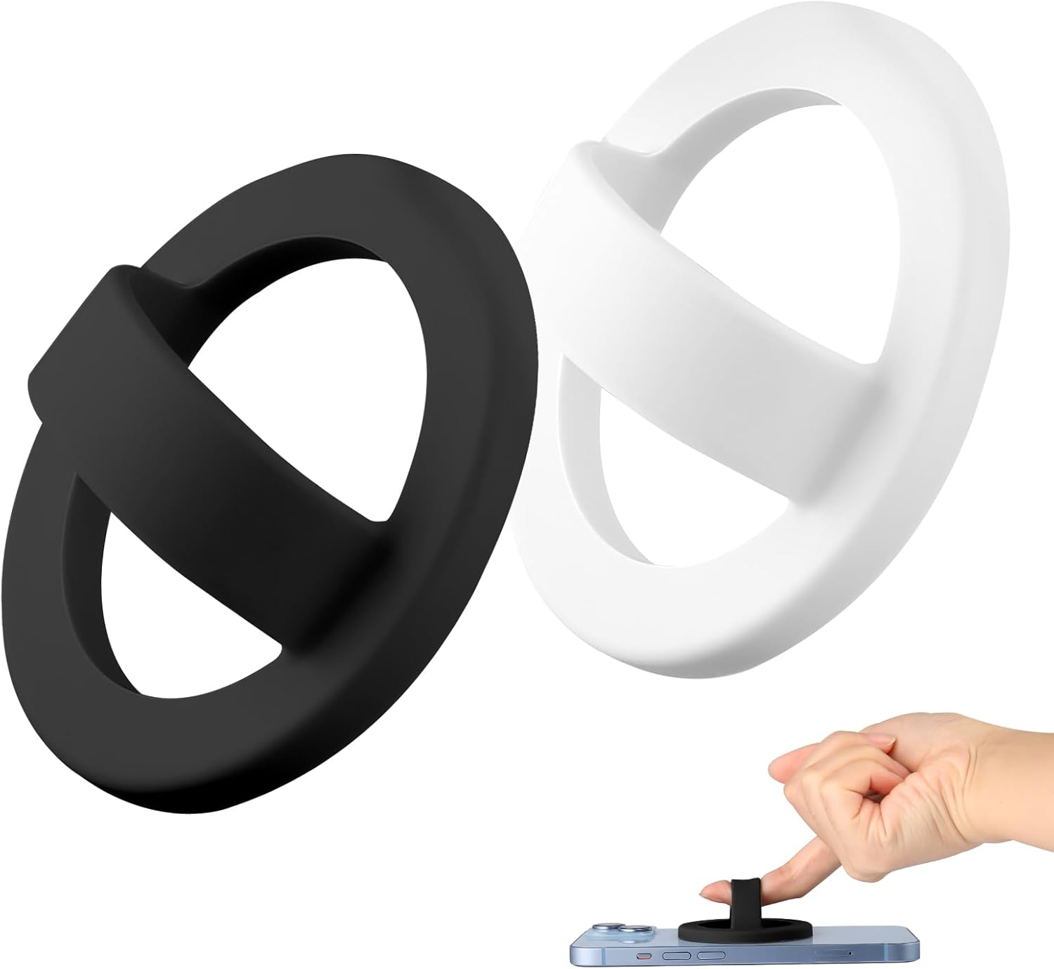 2 PCS Silicone Magnetic Phone Grip Holder Loop Grip Phone Holder Easy to Install and Remove Compatible with Magsafe for iPhone 16/15/14/13/12 Series(Black and White