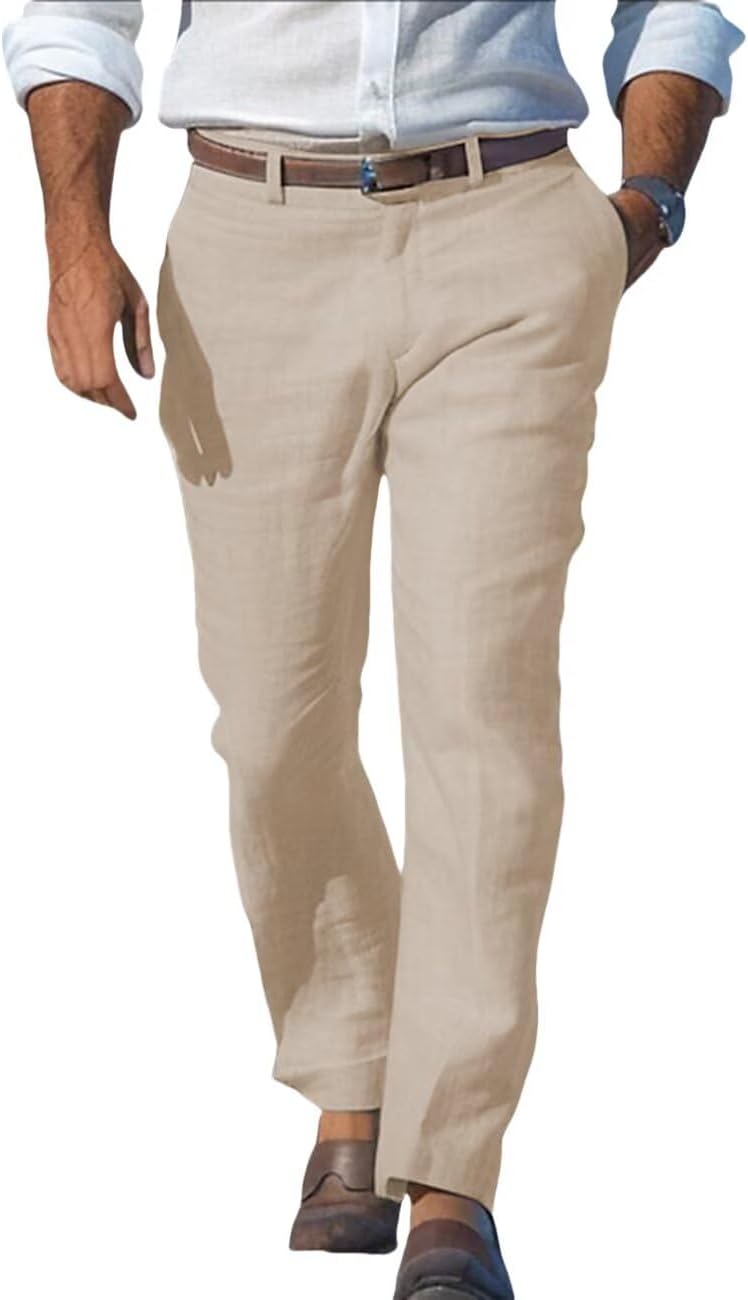 Men’s Linen Leisure Dress Pants Flat-Front Summer Beach Outdoor Casual Trousers Loose Fit Holiday Vacation Pant