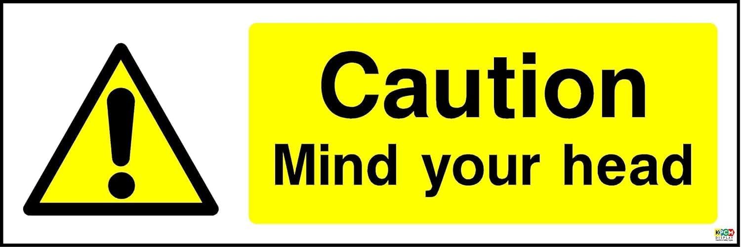 KPCM Display ltd 200mmx66mm Mind Your Head Sign (Pack of 5), Digitally Printed, Self Adhesive Sticker Label, Extra Durability
