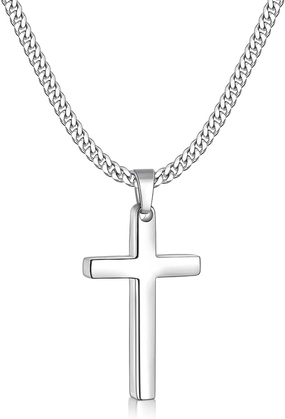 Fiusem Cross Necklace for Men, Silver Tone Mens Cross Necklaces with 3.5mm Chain and Stainless Steel Pendant, Cuban Chain 16-24 Inches