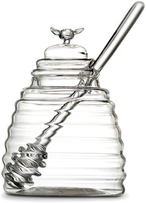 Clear Borosilicate Glass Honey Jar Pot with Dipper and Dustproof Lid for Home Kitchen
