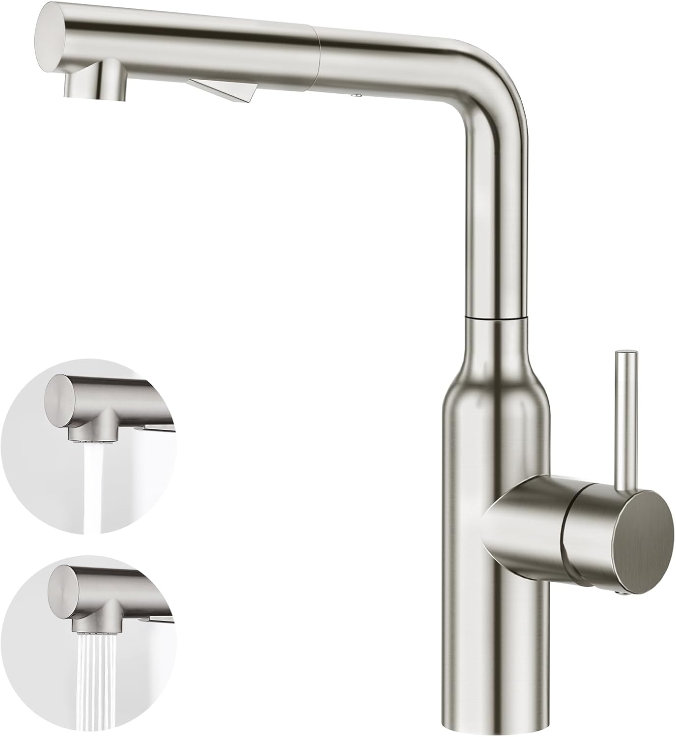 CREA Modern Kitchen Sink Mixer Tap, Kitchen Tap with Pull Out Spray 3 Functions, High Pressure Single Lever Mixer Sink Tap 360° Swivel Extendible, Stainless Steel Brushed Matte, UK Standard