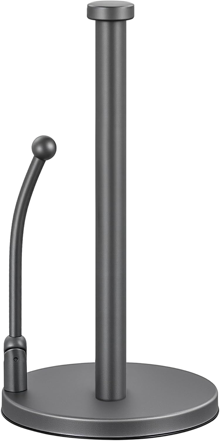 SMARTAKE Paper Towel Holder, Paper Towel Dispenser Standing Weighted Base Non Slip, Spring Arm for Easy Tear, Stainless Steel Paper Towel Holder for Home Kitchen Countertop Tabletop, Metallic Gray