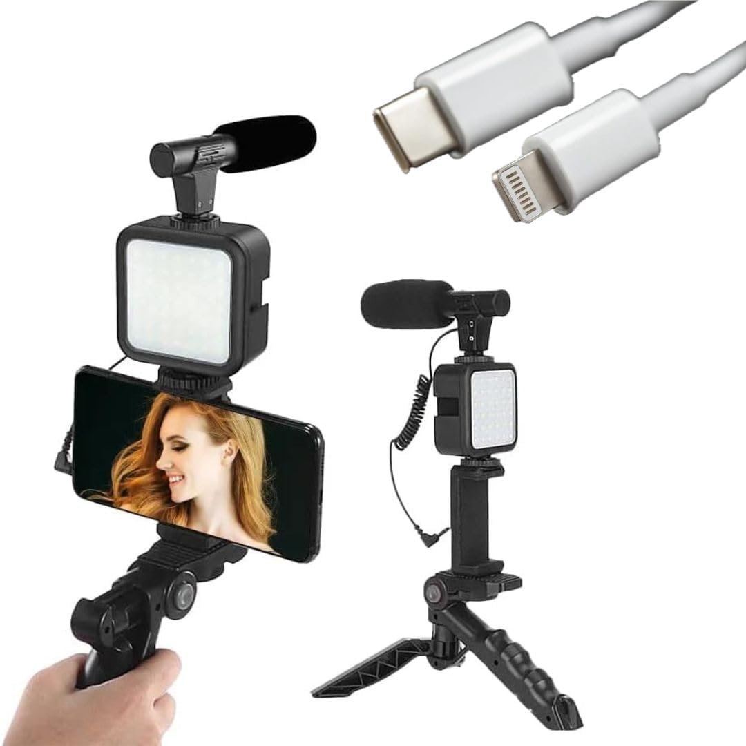 White Isle Grip Smartphone Vlogging kit, for Apple & Android, Includes USB-C & Apple standard cable, YouTube Starter Kit, Podcast Equipment, Tripod, Shotgun Mic, led Light, Phone Holder