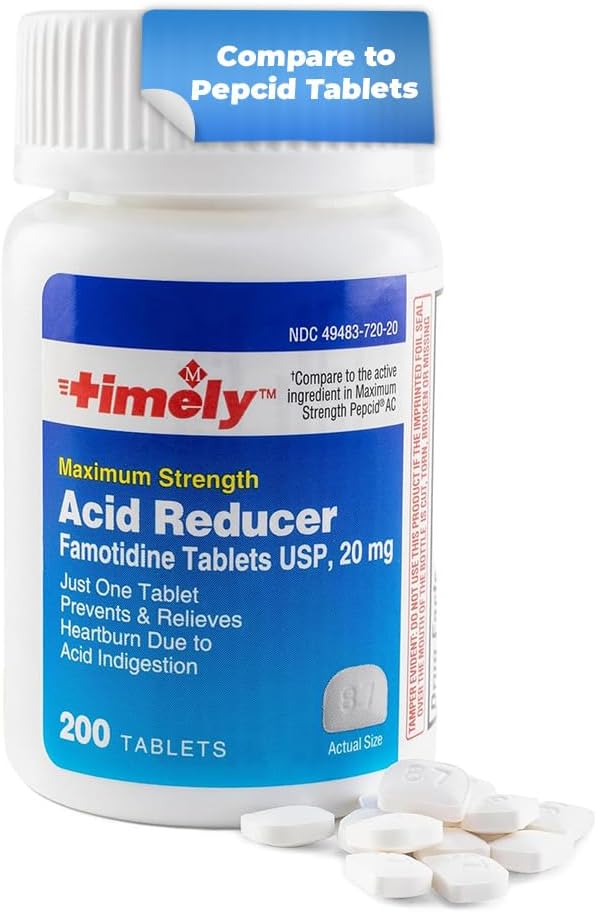 Timely Acid Reducer Famotidine 20mg - Compare to the active ingredient in Maximum Strength Pepcid AC - Anatcid Acid Reflux Medicine for Heartburn Relief and Acid Indigestion Symptoms - 200 Tablets