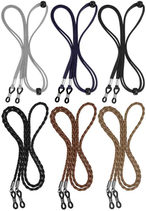 BILIONE 6 Pcs Eyeglasses Strap for Men & Women, Leather Eye Glasses Holders Around Neck, Dark Colors Glasses Chain