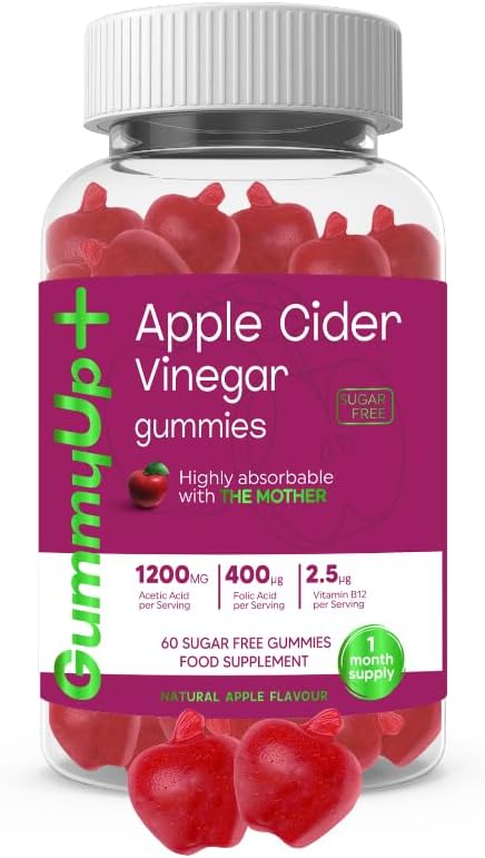 Sugar-Free Apple Cider Vinegar Gummies with The Mother – 1200mg ACV, Folic Acid & B12 for Energy & Wellness – 60 Natural Apple Flavoured Gummies – Delicious, Healthy, & Easy to Take!