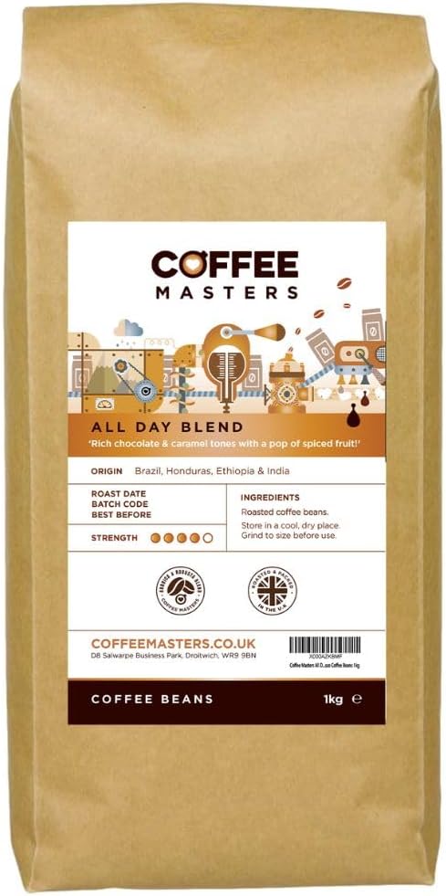 Coffee Masters All Day Blend Espresso Coffee Beans 1kg - Medium Roast for Strong and Full Bodied Drink - Whole Bean, Ideal for Barista Machines