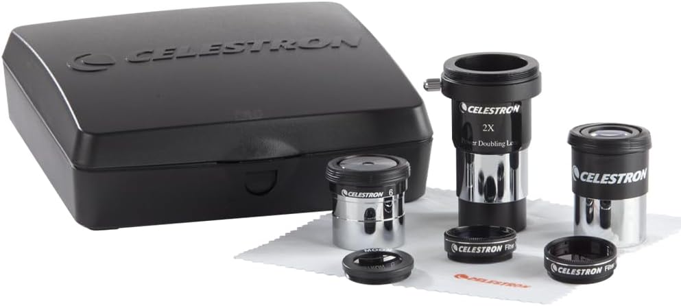 Celestron 94307 AstroMaster 8-piece Eyepiece & Filter Accessory Kit - includes two 1.25” Eyepieces, 2x Barlow Lens, Three Filters, Cleaning Cloth and Hard Case, Black