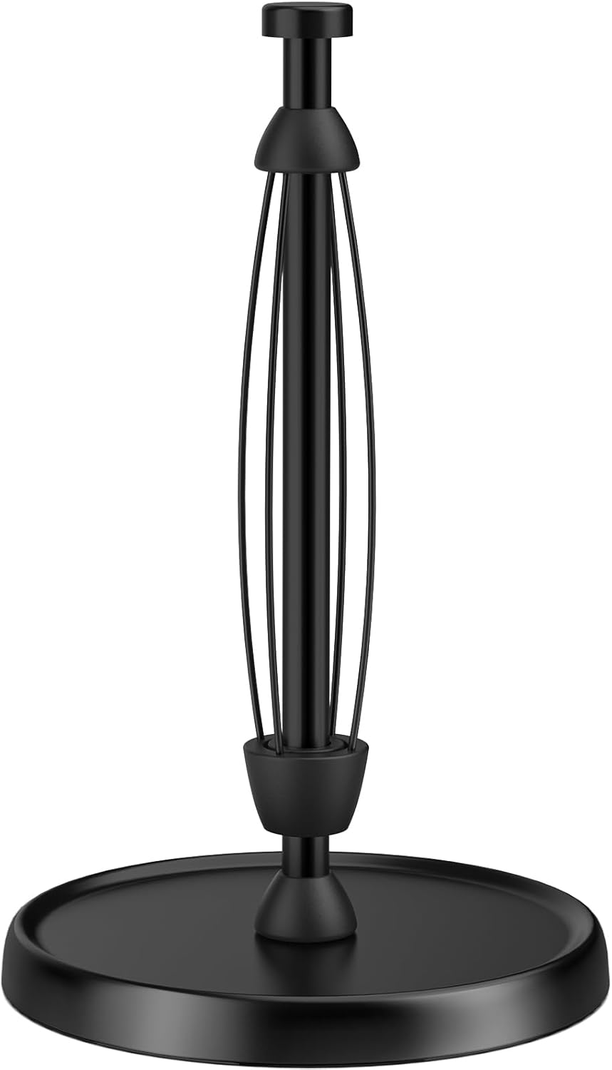 Paper Towel Holder Countertop, Black Paper Towel Holder Stand with Ratchet Mechanism for Kitchen Bathroom, One-Handed Tear Paper Stainless Steel Paper Towel Holder with Weighted Base(Black)