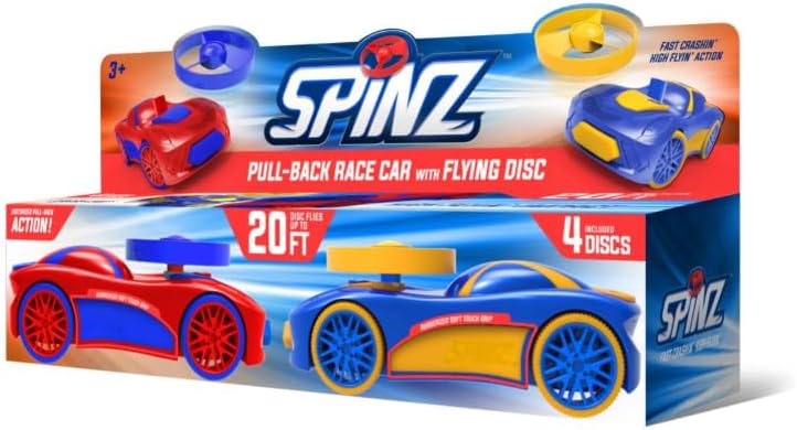 Spinz 2 Pack Race Cars with Flying Disc Launchers, Pull Back Bumper Toy Racer, Kids, Boys, Girls Gift, Blue/Red & Blue/Yellow, Ages 3+