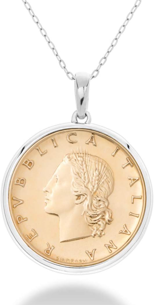 Miabella 925 Sterling Silver Italian Genuine 20-Lira Medallion Coin Chain Pendant Necklace for Women 18 Inch Made in Italy