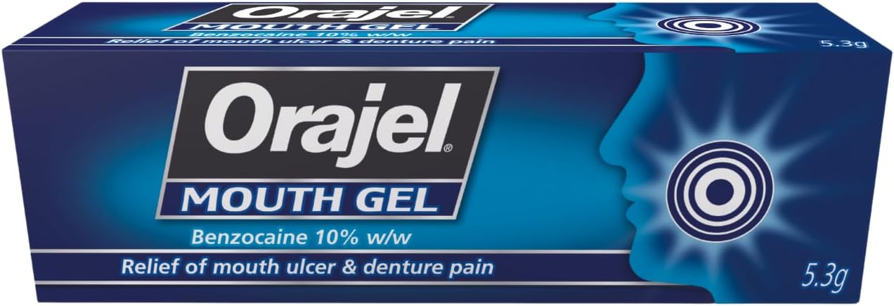 Orajel Mouth Gel, Denture and Ulcer Relief, Fast Acting Oral Care Treatment, Benzocaine 10%, 5.3g