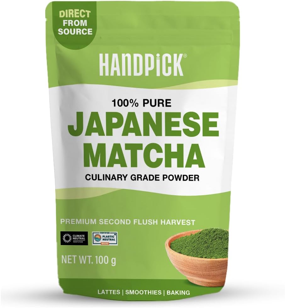 HANDPICK, Japanese Matcha Green Tea Powder (100g, 100 Servings) | Culinary Grade Powder | Authentic Premium Second Flush Harvest | Resealable Ziplock Pouch