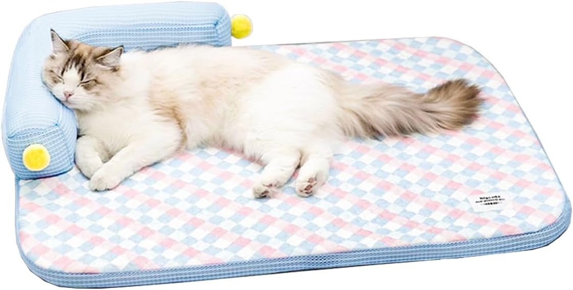 Cooling Cat Bed with Pillow – L-Shaped Sofa Design, Breathable Summer Mat for Kittens & Cats, Machine-Washable Cushion Calming Bed for Persian, Siamese, Small Pets (Blue, 21"x15"x4")