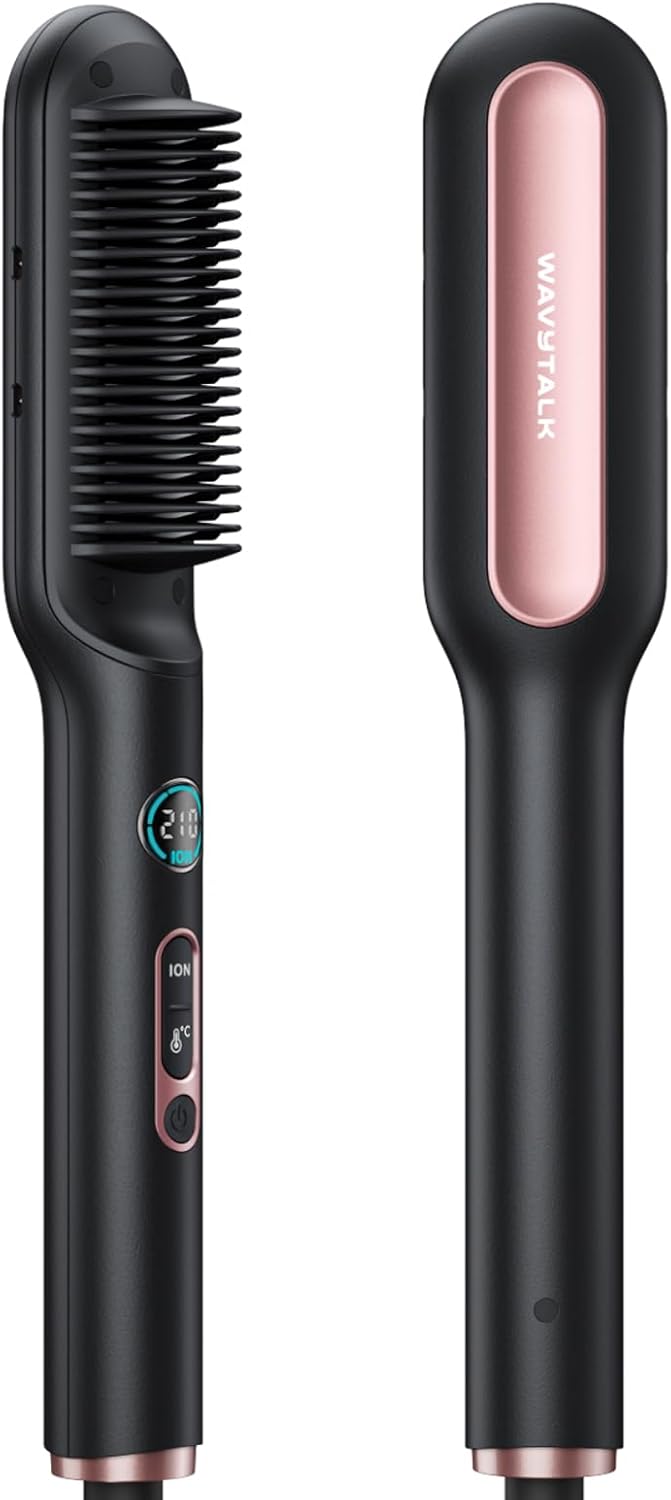 Wavytalk Hair Straightener Brush, Ionic Straightening Brush 2 in 1 UK Plug, Anti-Scald Ceramic Straightener Comb with LED Display for Home Salon and Sleek Sweep, Dual Voltage