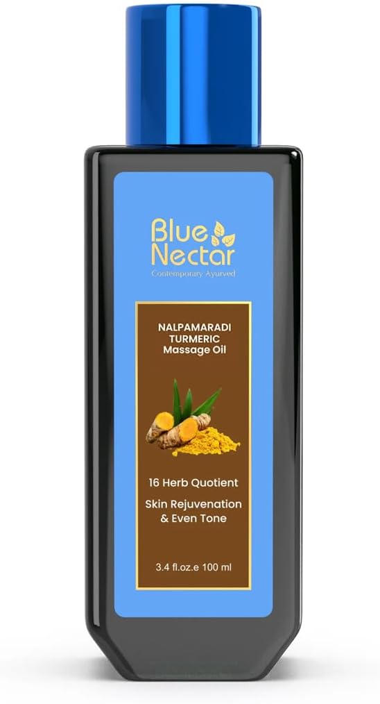 Blue Nectar Nalpamaradi Tailam Skin Radiance Oil with Turmeric | Plant Based Body Oil and Face Oil Infused with Turmeric, Amla and Manjistha (16 Herbs, 3.38 Fl Oz)