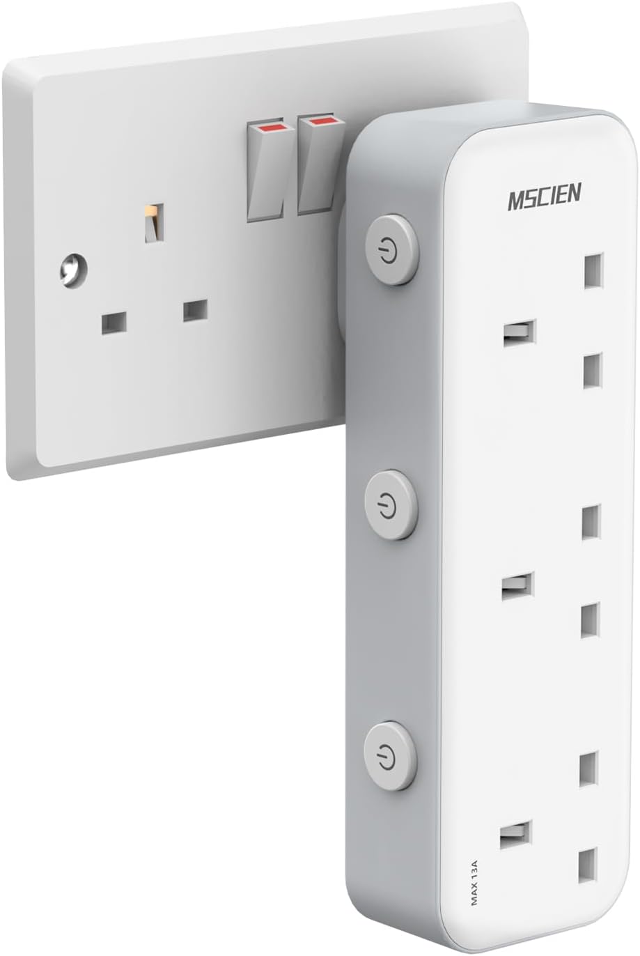 Mscien Plug Adaptor 3 Gang with LED Light, MSCIEN Individually Switched Plug Adaptor UK, Multi Plug White Wall Socket Extension Power Extender Adaptor for Home, Office, Dorm