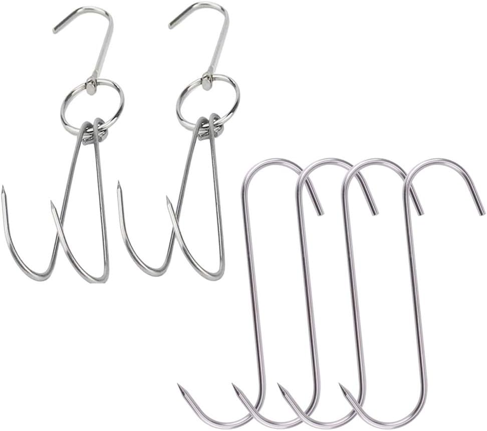 2pcs 10inch Stainless Steel Roast Duck Double Meat Hooks + 4pcs 5 inch S-Hooks for Bacon Hams Meat Processing Butcher Hook Hanging Drying BBQ Grill Cooking Smoker Hook Tool （6pcs）