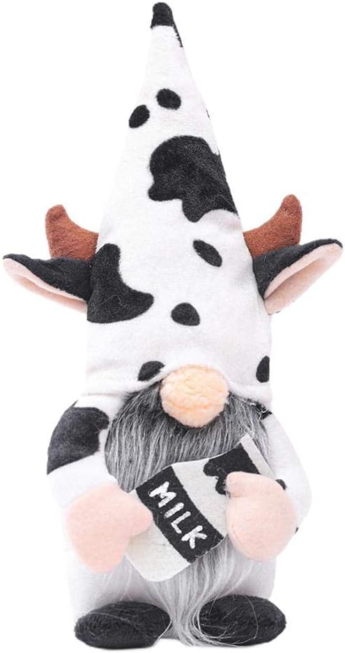 Itonash Farmhouse Cow Swedish Gnomes Decor Gifts, Cows Chef Gnomes with Milk Bottle Faceless Plush Dolls,Black and White Pattern Cow Gnome Figurines,Cow Gnome Decorations