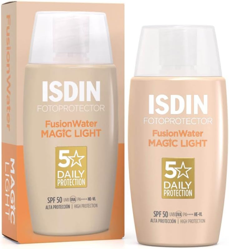 ISDIN Fusion Water Color SPF 50 (Light) 50ml, Tinted daily facial sun cream, Ultra-light texture