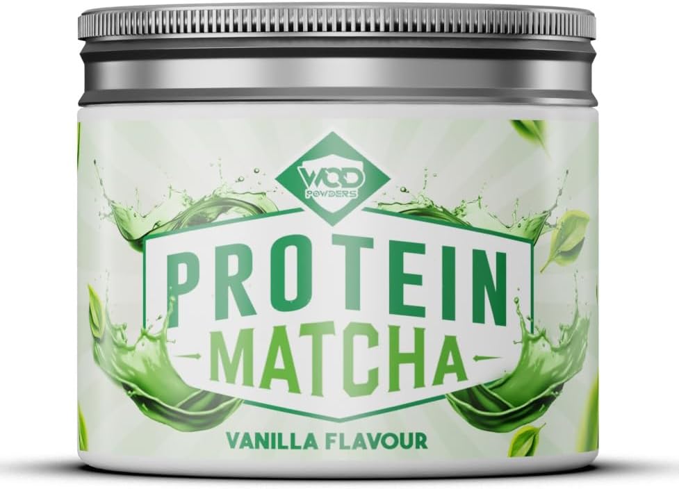Protein Matcha Powder Vanilla | Ceremonial Grade Organic Japanese Matcha with Grass-fed Bovine Collagen & Functional Mushroom Extracts | 240g Tub with Scoop | High Protein - Made by WOD Powders