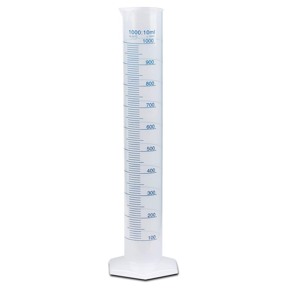 1000ml Plastic Graduated Cylinder, Printed and Molded Graduations, Single Metric Scale, Polypropylene, Karter Scientific 237O1 (Case of 6)