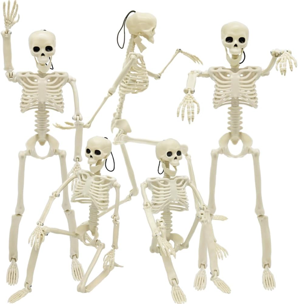 5 Packs Halloween Skeletons, 16" Halloween Full Body Skeleton with Posable Joints for Haunted House Graveyard Props Decor