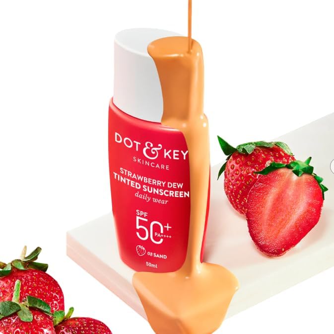 Dot & Key Strawberry Dew Tinted Sunscreen SPF 50 PA with Niacinamide & Hyaluronic Acid, available in Sand Medium (03) shade, 50ml for sun protection and hydration.