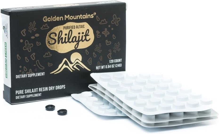 Premium Pure Shilajit Dry Drops Altai Golden Mountains - 120 Count (200 mg) Authentic Safety & Quality Certificate - US Lab Tested Fulvic Acid