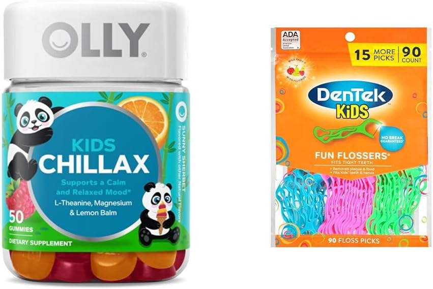 OLLY Kids Chillax Magnesium Gummies Plus L-Theanine, Lemon Balm, Calm Chews for Kids 4+, 50 Count & DenTek Kids Fun Flossers, Wild Fruit, 90 Count