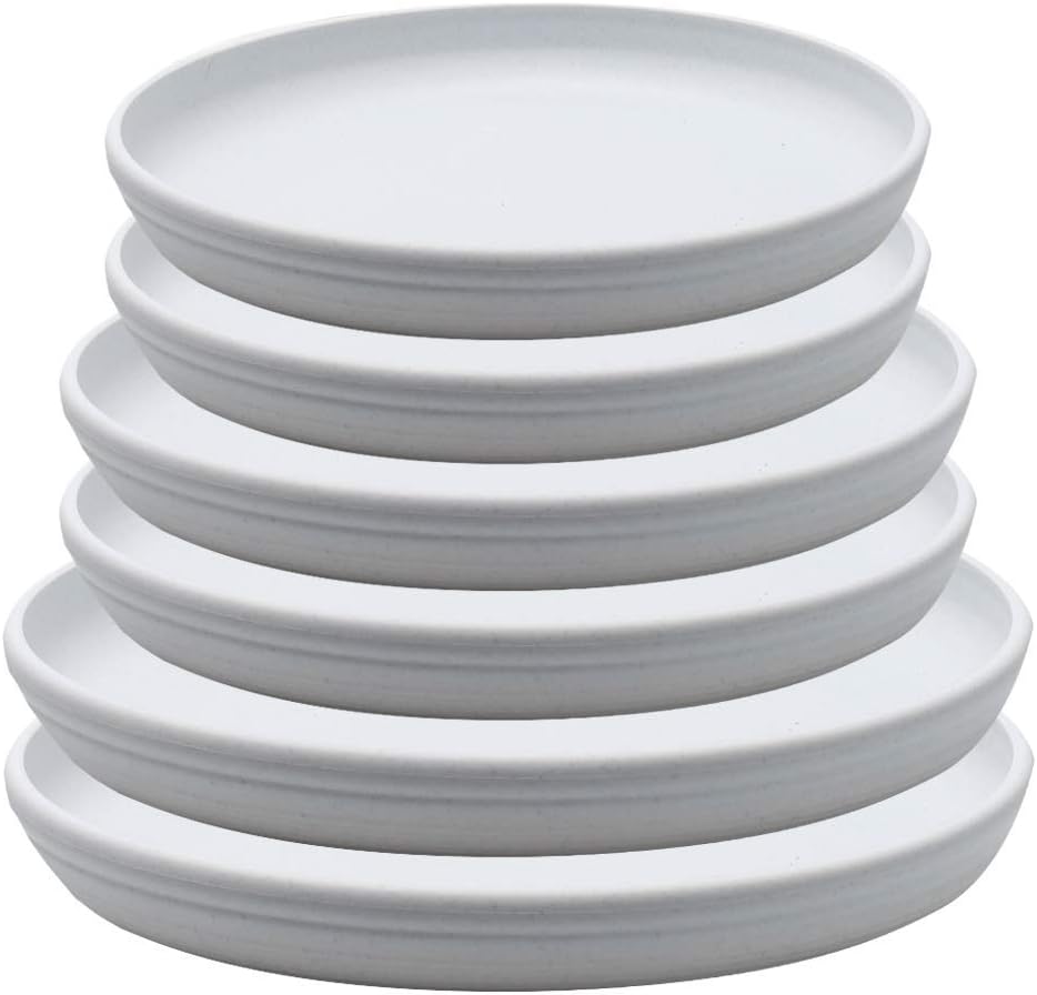 SAROSORA Round Plastic Plant Saucer Drip Tray Set of 6 for Indoor Outdoor Home Garden Flower Plant Container Flower Pot Pallets ((9.4''+10.4"+12'') x2, White-Grey)