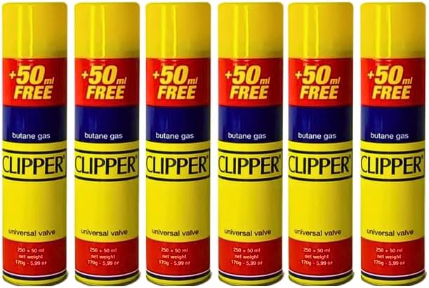 Clipper Butane Gas 6pcs Canister 300ml - Universal Refill for Lighters, BBQ, Cooking - Reliable & Safe Fuel Bottles Bulk