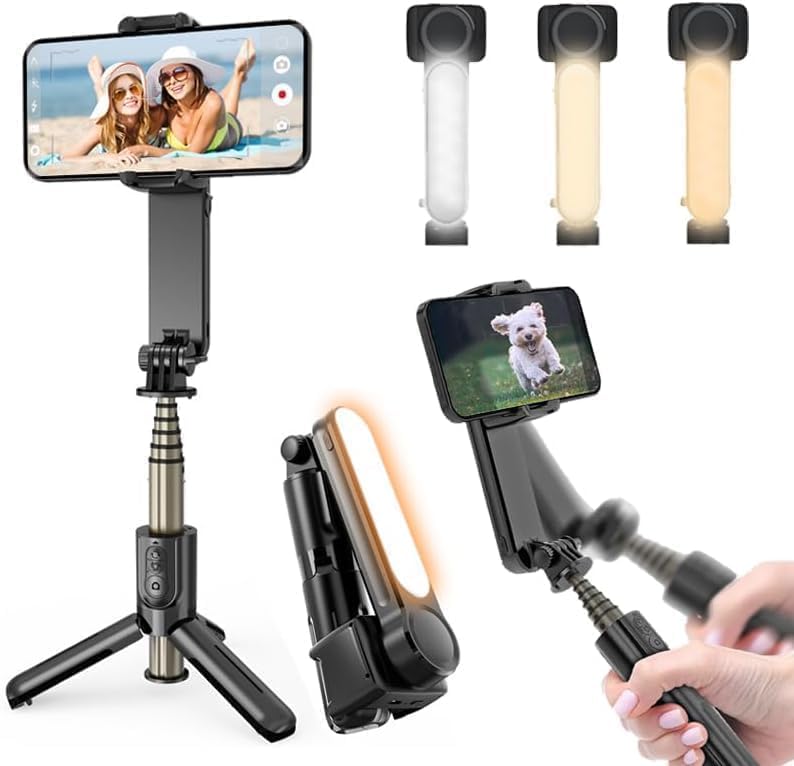 Gimbal Stabilizer for Smartphones,Phone Gimbal,Selfie Stick with fill light,portable and Foldable, Vlogging Stabilizer, YouTube and TikTok Videos - Black