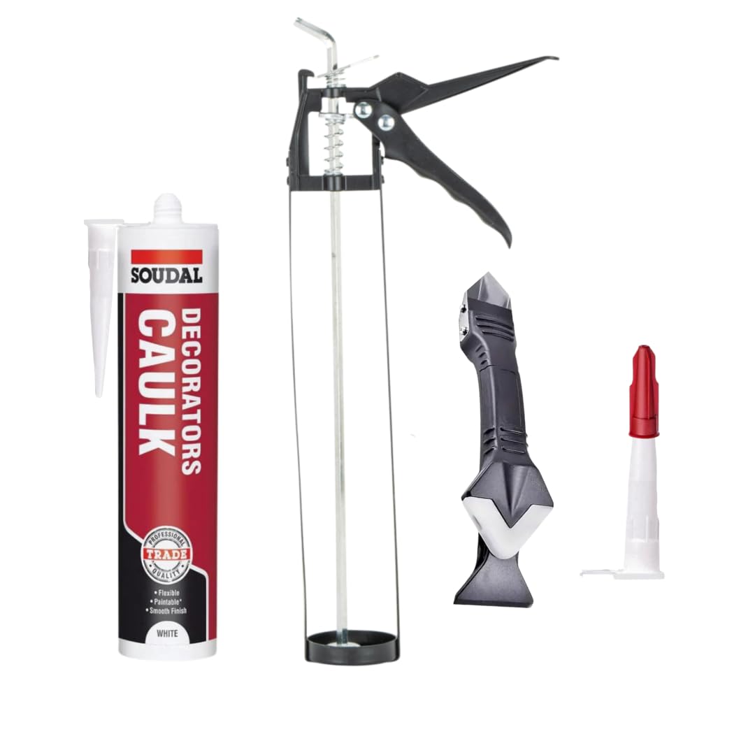 Decorators Caulk White Bundle: White Decorators Caulk Gap And Crack Filler Acrylic Silicone Adhesive Sealant 290ml, Skeleton Caulking Gun, Silicone Tool and Threaded Nozzle with Cap