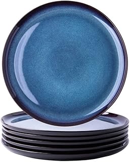 Ceramic Dinner Plates Set of 6,10.5 Inch Reactive Glaze Porcelain Plates, Modern Shape Dinnerware Dishes Set for Kitchen,Microwave&Dishwasher&Oven Safe, Scratch Resistant-Blue