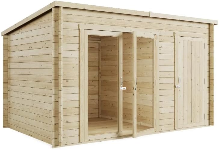 BillyOh Tianna 12x8 ft Log Cabin Summer House with Side Shed Store – Garden Room with Wide Double Doors, Storage Shed, Tongue and Groove Construction | Versatile Tiny Home for Garden Office or Storage