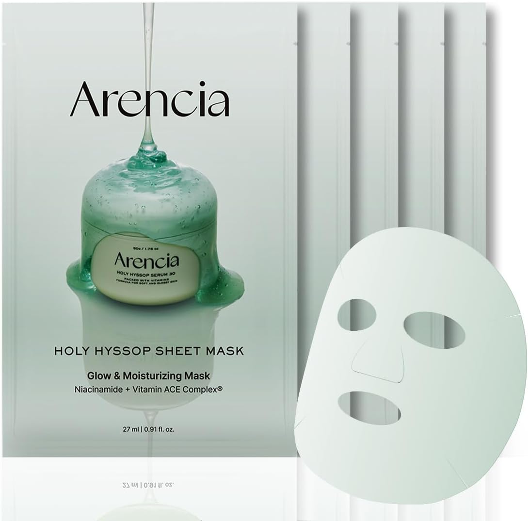 Arencia Hyssop Glow Sheet Mask, 5 Pack, Hydrating, Glowing, Boosting, Repairing for younger looking skin with Vitamin A,C,E