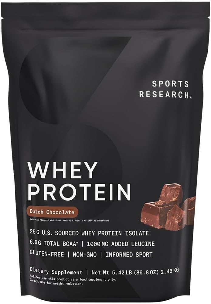 Sports Research Whey Protein - Sports Nutrition Whey Isolate Protein Powder for Lean Muscle Building & Workout Recovery - 5 lb Bag Bulk Protein Powder 25g per Serving - Dutch Chocolate, 56 Servings