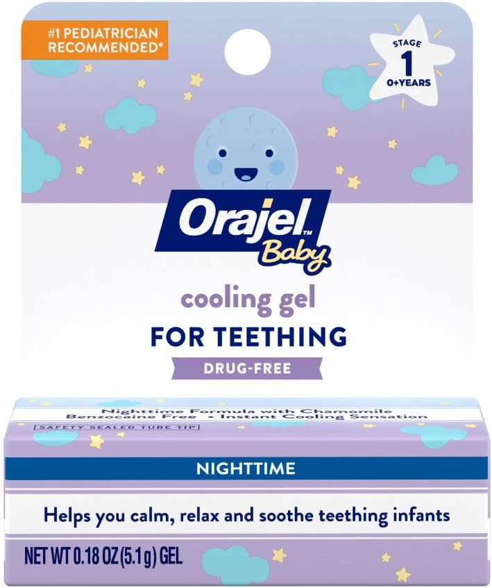 Orajel Baby Nighttime Cooling Gel for Teething, Drug-Free, 1 Pediatrician Recommended Brand for Teething, One .18oz Tube