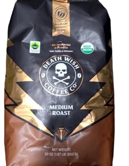 Death Wish Coffee Premium Organic Whole Bean Coffee, Medium Roast, 30 Ounces