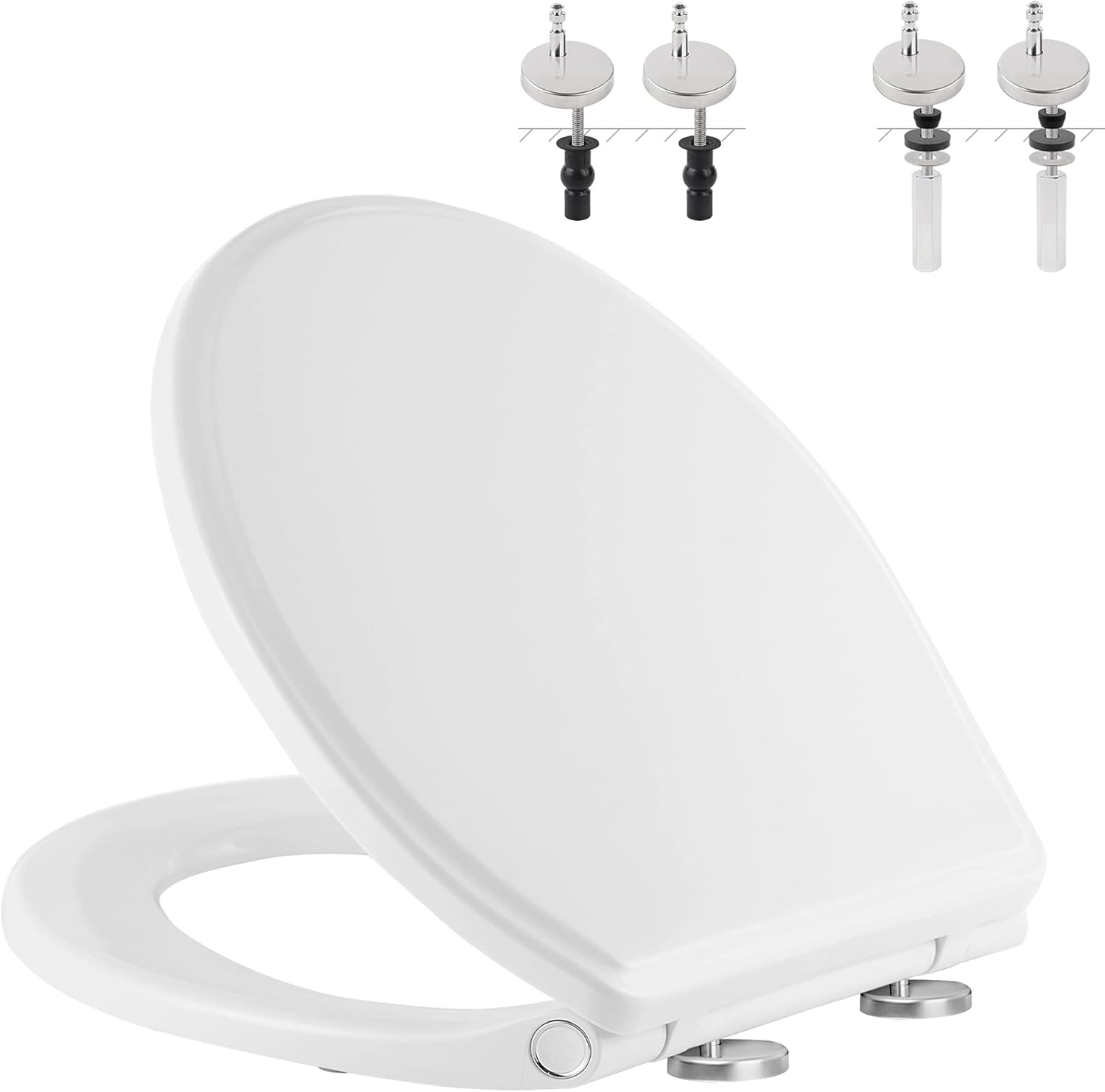 Hibbent Premium Round Toilet Seat with Cover Quiet Close, One-Click to Quick Release, Easy Installation Non-Slip Seat Bumpers, Slow Close Toilet Seat and Cover, Easy Cleaning-White Color