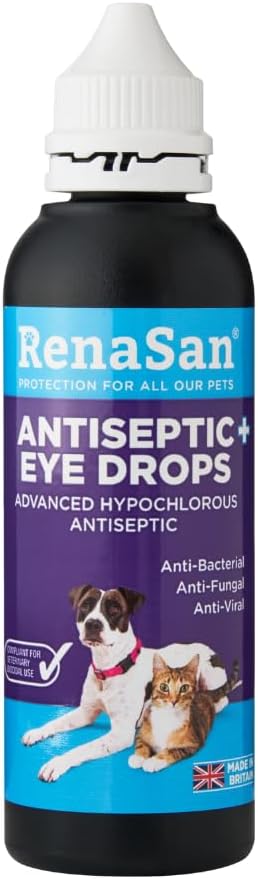 RenaSan Antiseptic Eye Drops (60 ml) – Eye Disinfection, Alcohol-Free, Non-Irritating and Natural Eye Cleaning Solution for Dogs, Cats, Reptiles, Poultry, Avian & Livestock (PACKAGING MAY VARY)