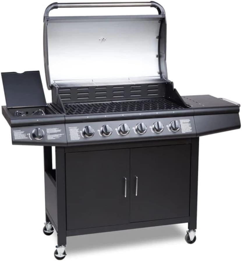 CosmoGrill Pro Deluxe 7 Gas Burner 6+1 Barbecue Grill Steel Warming Rack, Side-Burner, Built-in Temperature Gauge and Weatherproof Cover (Black)