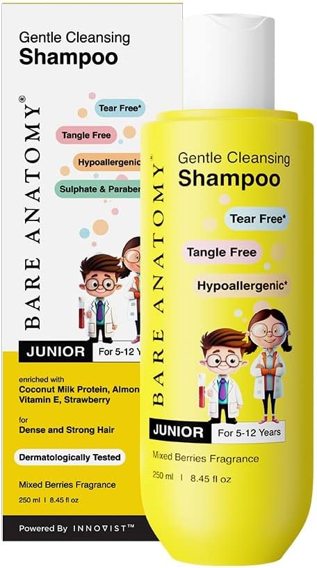 Bare Anatomy Junior Gentle Cleansing Shampoo For Kids from 5-12 Years | Tear-Free & Hypoallergenic pH 5.5 | Coconut Milk Protein, Almond Oil, Vitamin E & Strawberry 250 ml