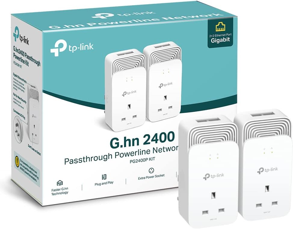 TP-Link PG2400PKIT Wired Passthrough G.hn 2400 Powerline Adapter, Faster G.hn Technology, Powerline Network Adapters with 2+2 Gigabit Ethernet Ports, No Configuration Required, Plug and Play,Pack of 2