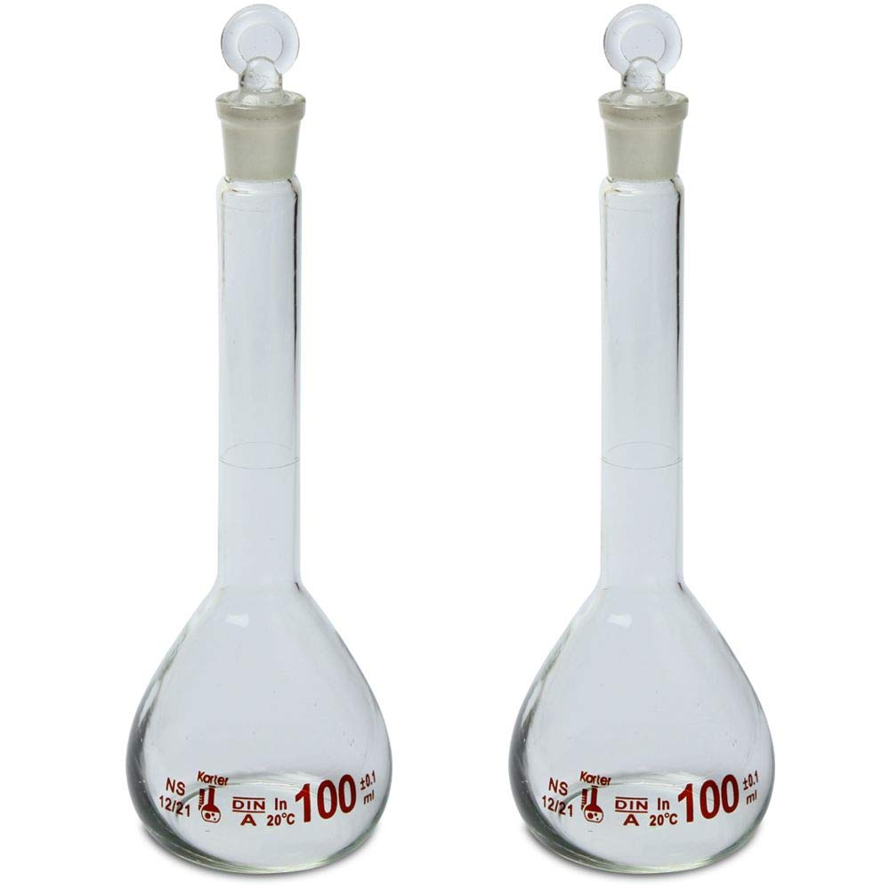 100ml Volumetric Flask, 3.3 Boro Glass, Class A, Ground Stopper, Karter Scientific 213W5 (Pack of 2)
