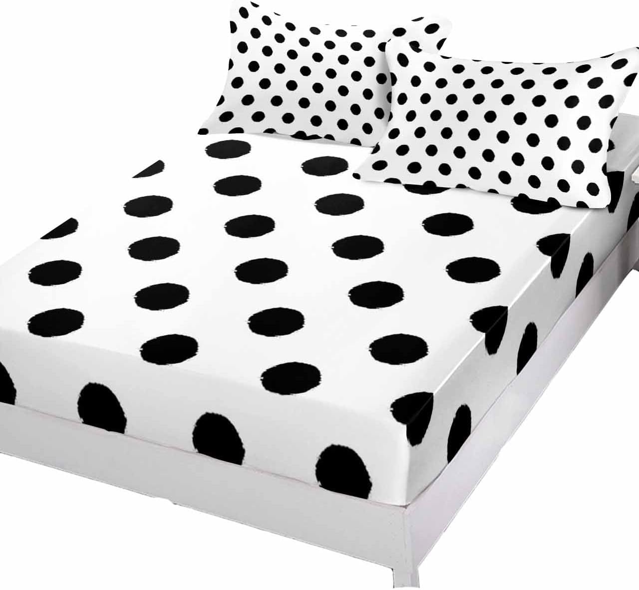 Fitted Sheets Elastic Deep Pocket Bed Sheet Cal King, Black Polka Dots on White Soft Bed Sheets Set,Modern Abstract Wave Point Mattress Cover Up Hotel Luxury Fitted Sheet Pillowcase for Bedroom